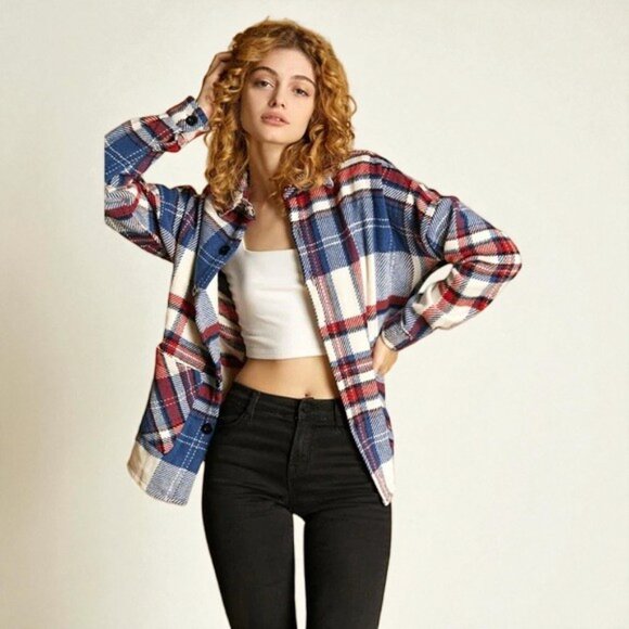 NWT J.ING Jing Vintage Style Red White Blue Plaid Oversized Flannel Shacket - Picture 7 of 8